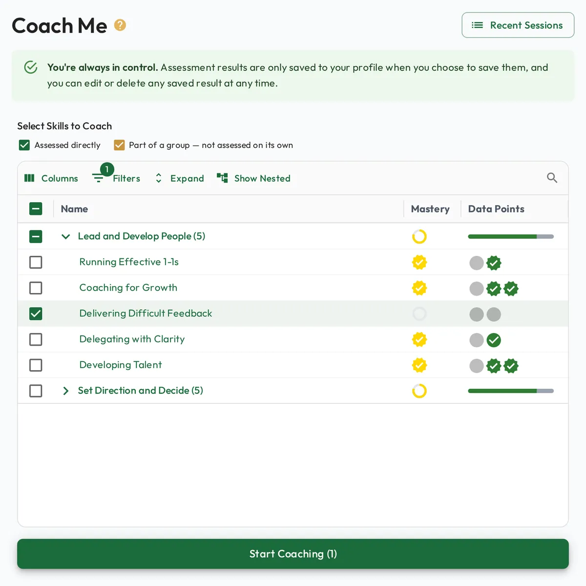 The Coach Me page, with a grid of skills to select from and a Start Coaching button.