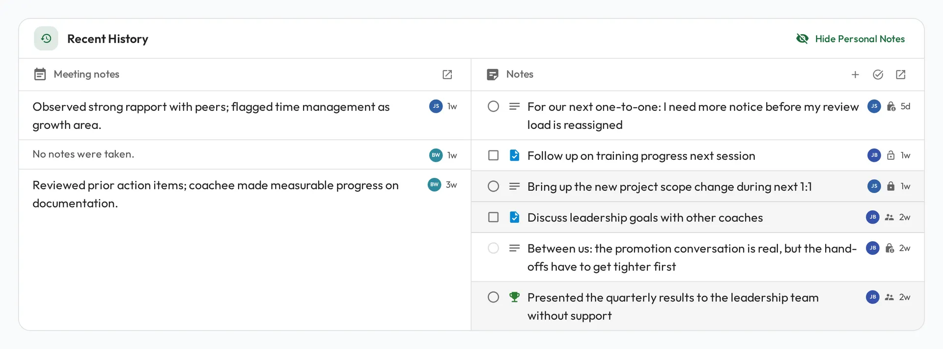 The Recent History card in a Meeting: a Meeting notes column of past sessions beside a Notes column of the tasks, notes and wins still open, each with a control to mark it done or discussed.