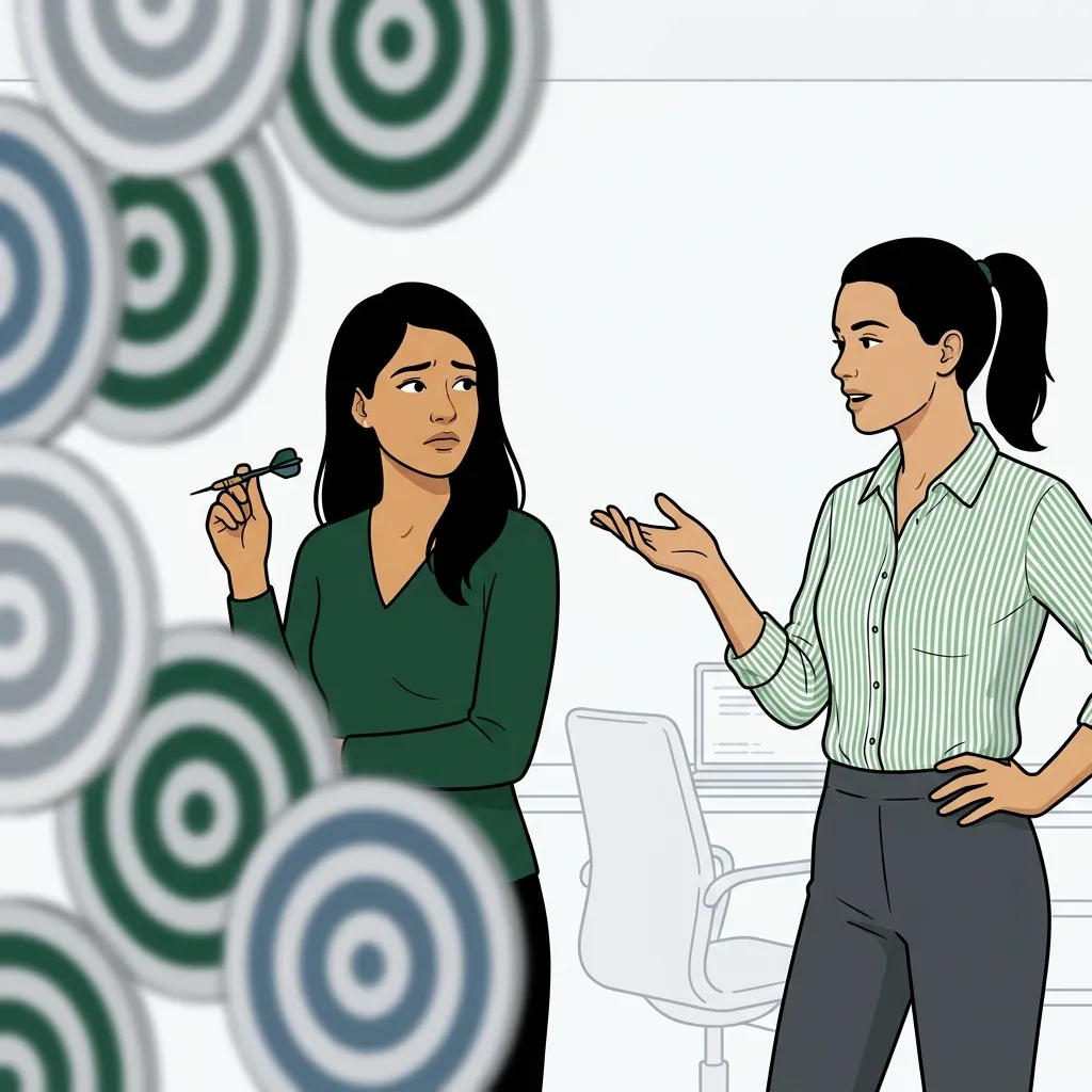 A team member holds a dart in front of blurred targets while a manager comments on the result.